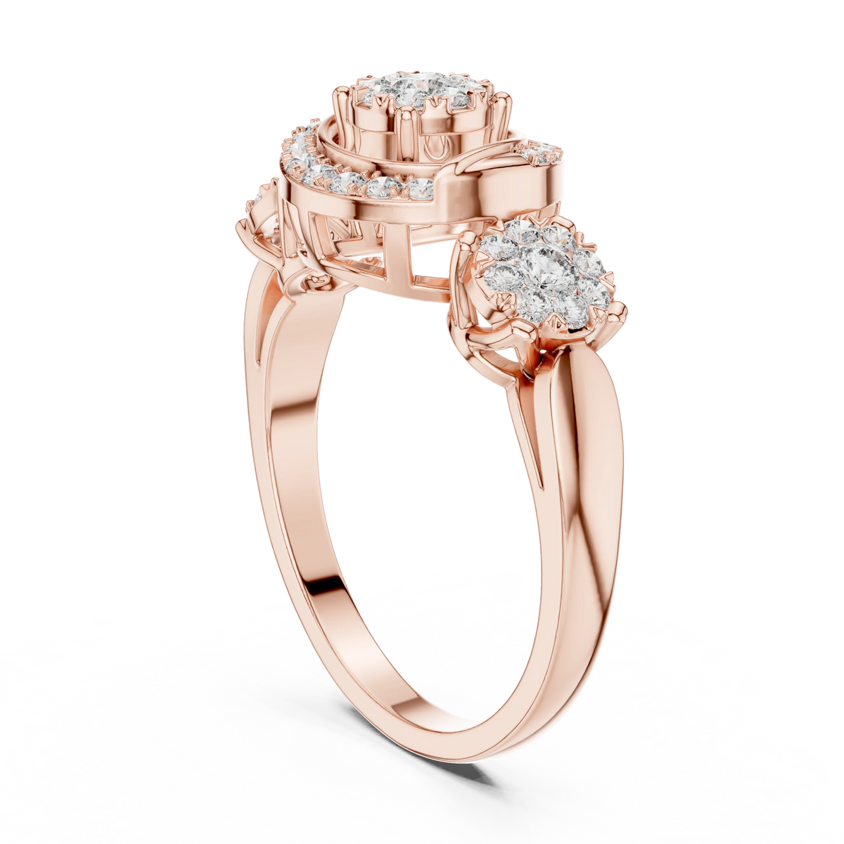 Scroll Swirl Three Cluster Moissanite Ring in rose 925 sterling silver, view 1