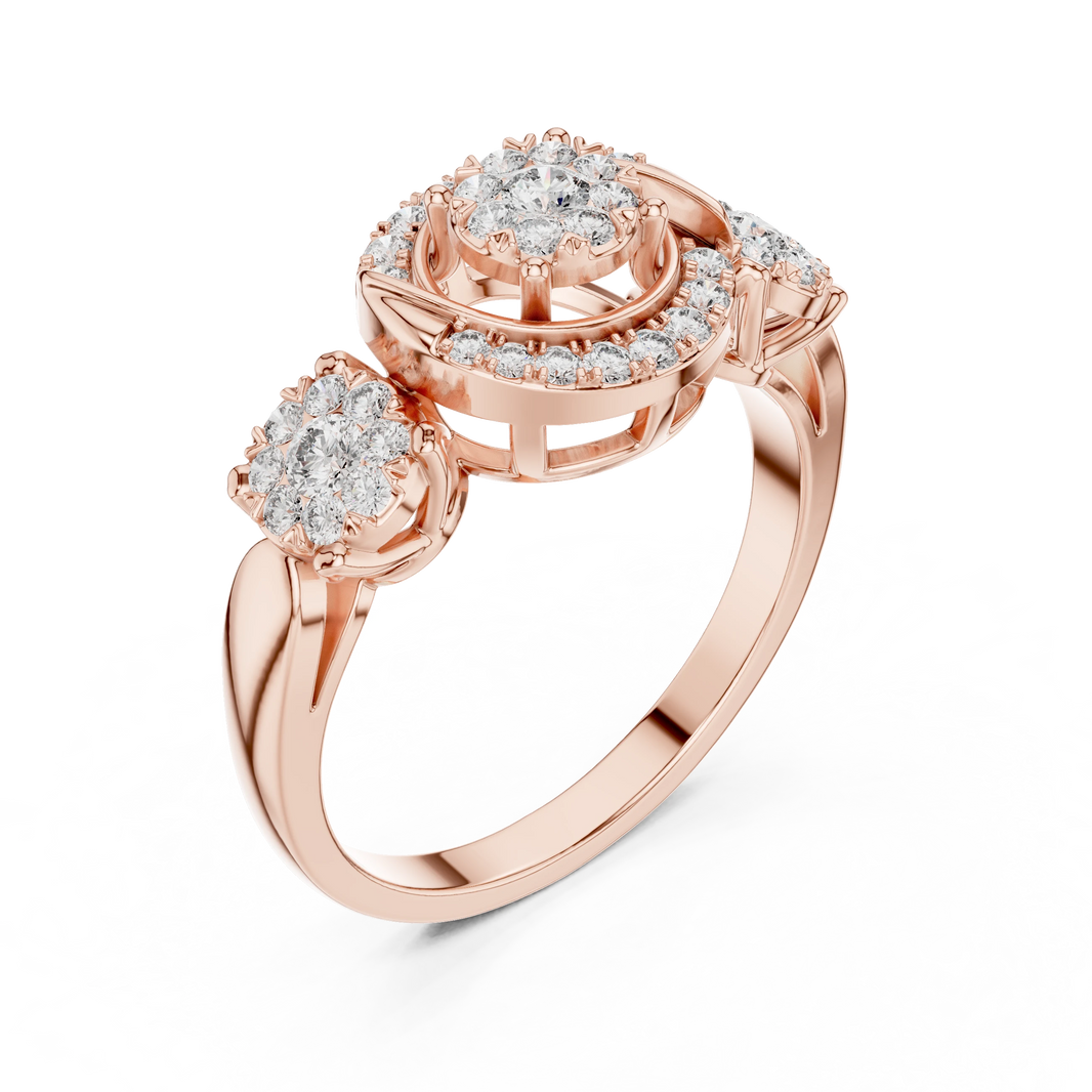 Scroll Swirl Three Cluster Moissanite Ring in rose 925 sterling silver, view 2