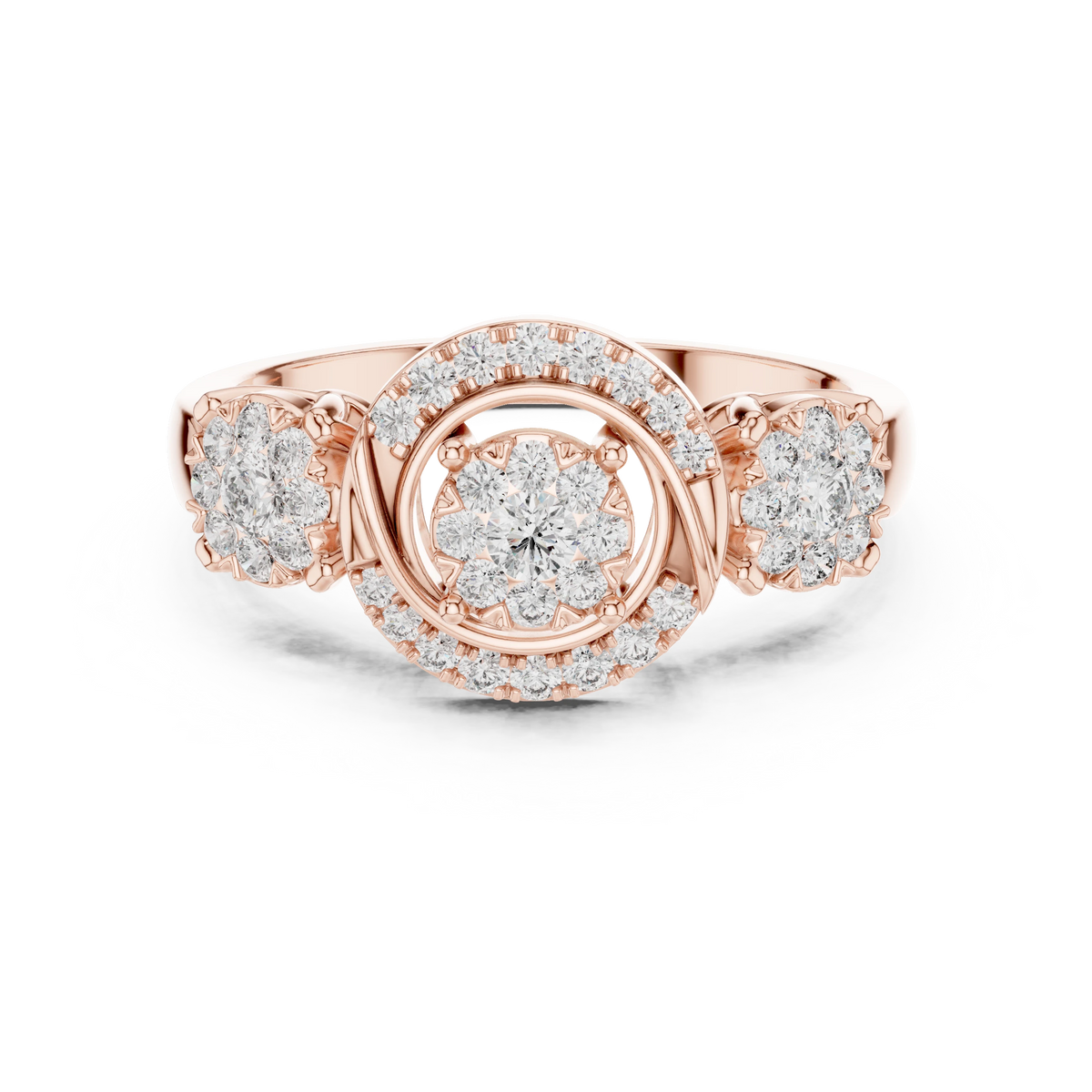 Scroll Swirl Three Cluster Moissanite Ring in rose 925 sterling silver, view 4