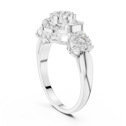 Scroll Swirl Three Cluster Moissanite Ring in white 925 sterling silver, view 1