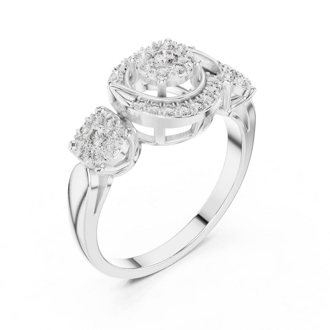 Scroll Swirl Three Cluster Moissanite Ring in white 925 sterling silver, view 2