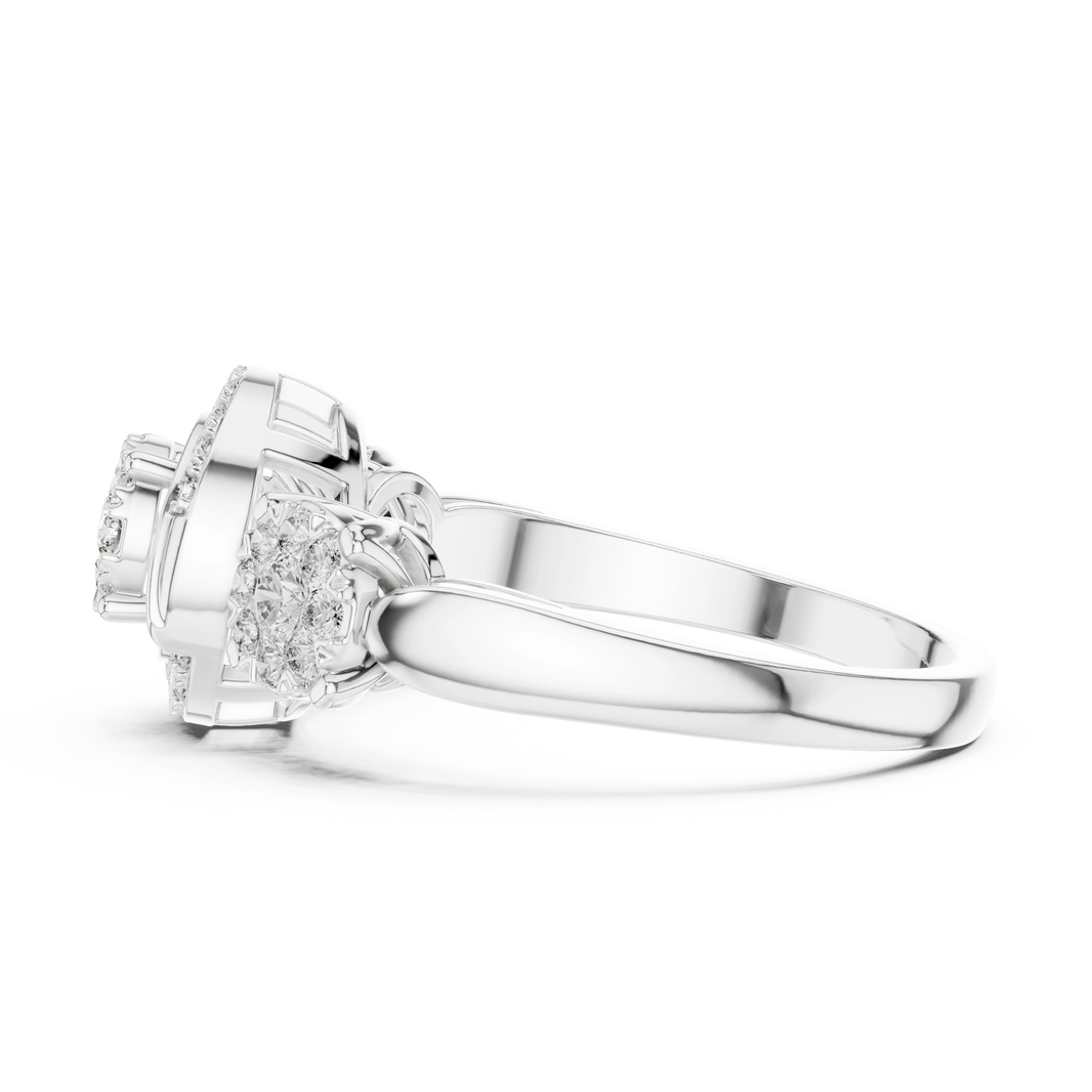 Scroll Swirl Three Cluster Moissanite Ring in white 925 sterling silver, view 3