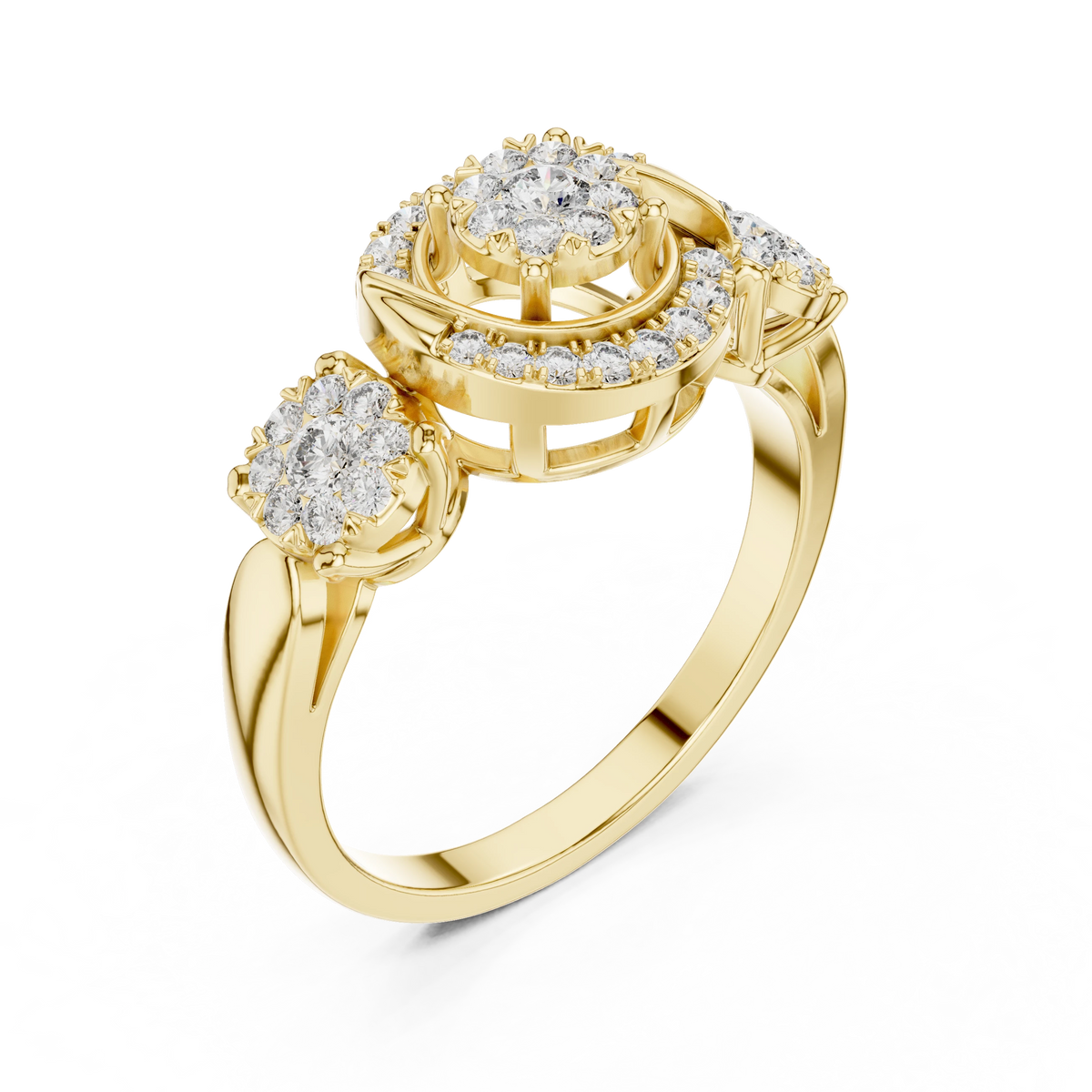 Scroll Swirl Three Cluster Moissanite Ring in yellow 925 sterling silver, view 2