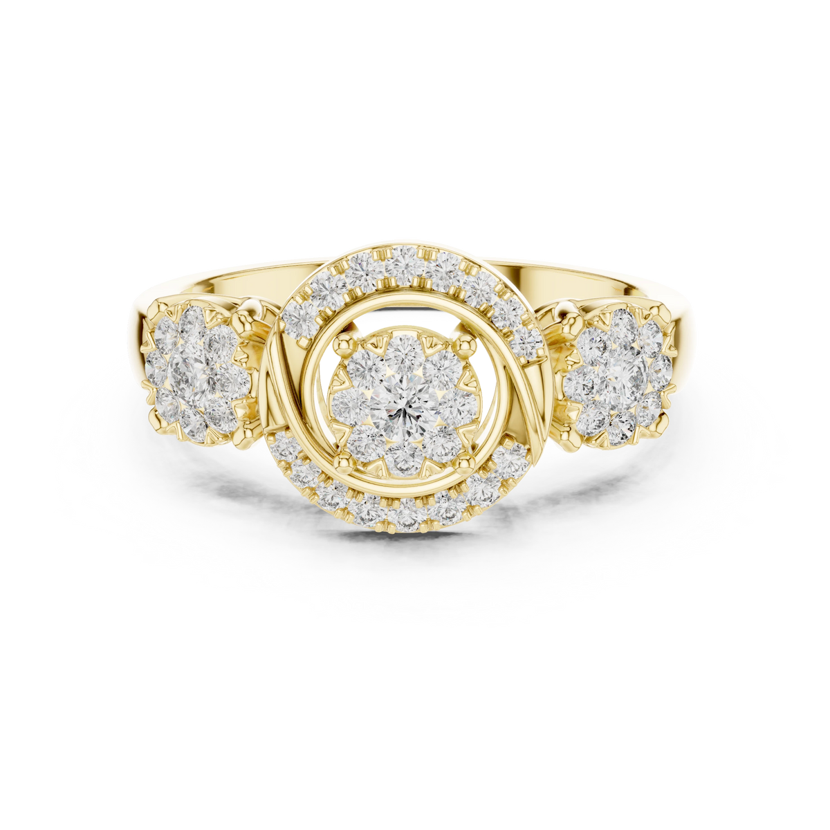 Scroll Swirl Three Cluster Moissanite Ring in yellow 925 sterling silver, view 4