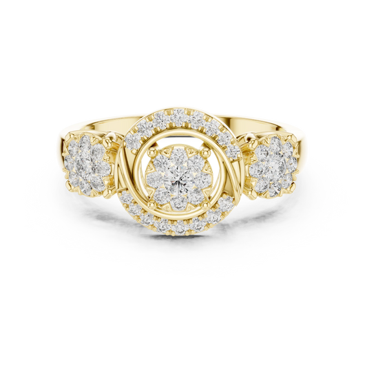 Scroll Swirl Three Cluster Moissanite Ring in yellow 925 sterling silver, view 4