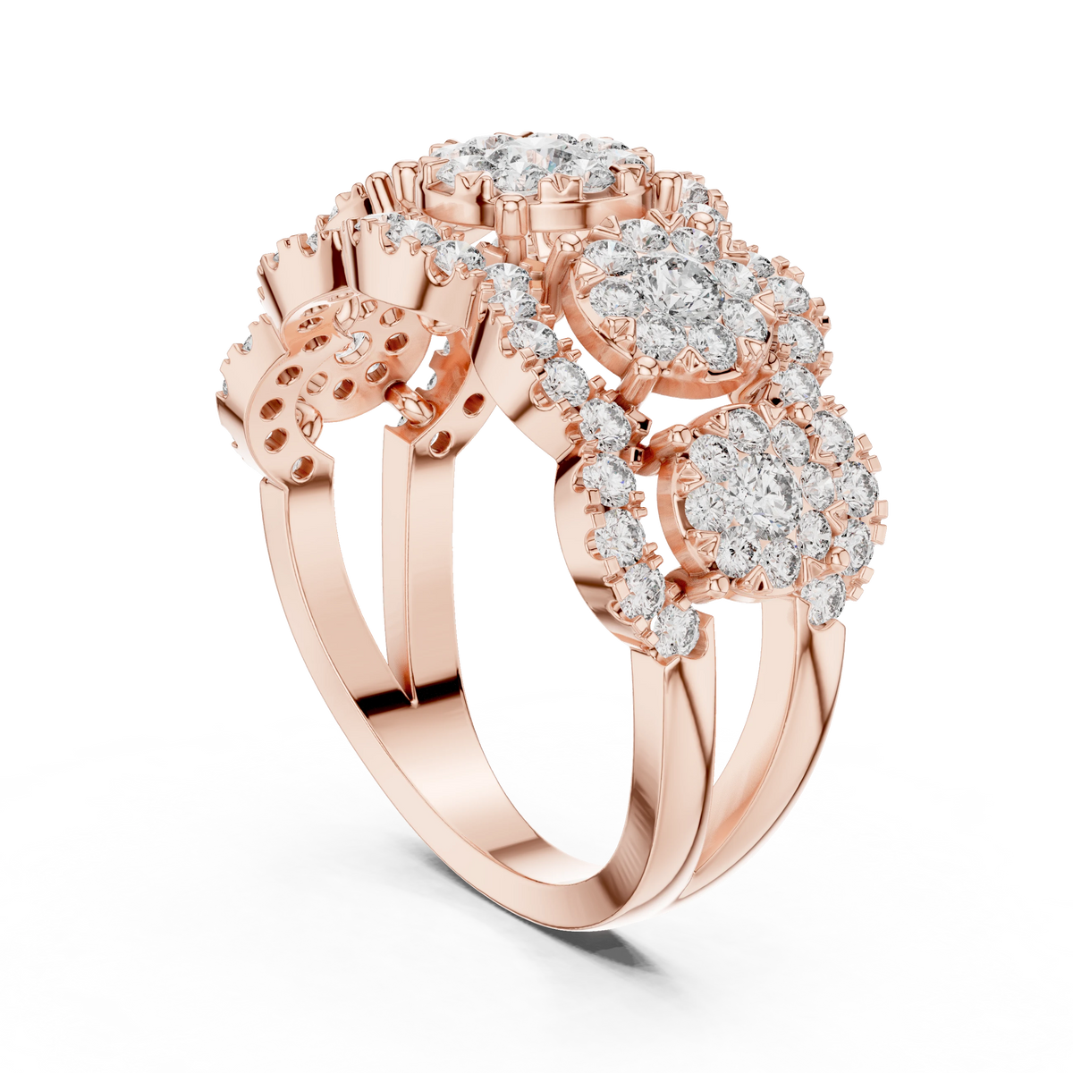 Five Cluster Halo Split Shank Moissanite Ring in rose 925 sterling silver, view 1