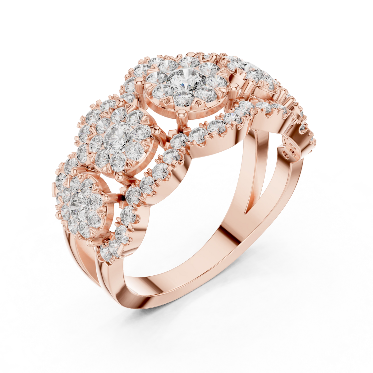 Five Cluster Halo Split Shank Moissanite Ring in rose 925 sterling silver, view 2