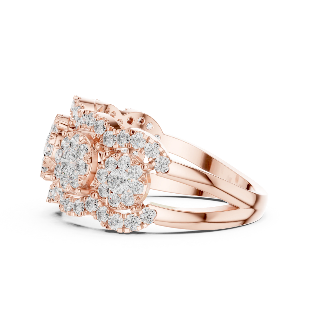 Five Cluster Halo Split Shank Moissanite Ring in rose 925 sterling silver, view 3
