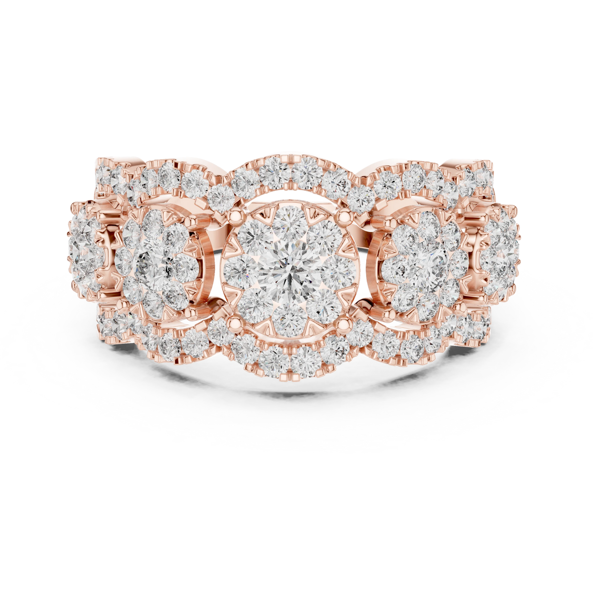 Five Cluster Halo Split Shank Moissanite Ring in rose 925 sterling silver, view 4
