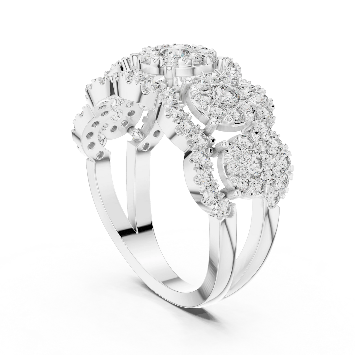 Five Cluster Halo Split Shank Moissanite Ring in white 925 sterling silver, view 1
