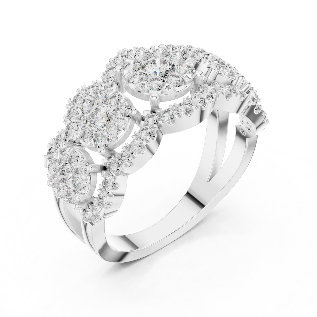 Five Cluster Halo Split Shank Moissanite Ring in white 925 sterling silver, view 2