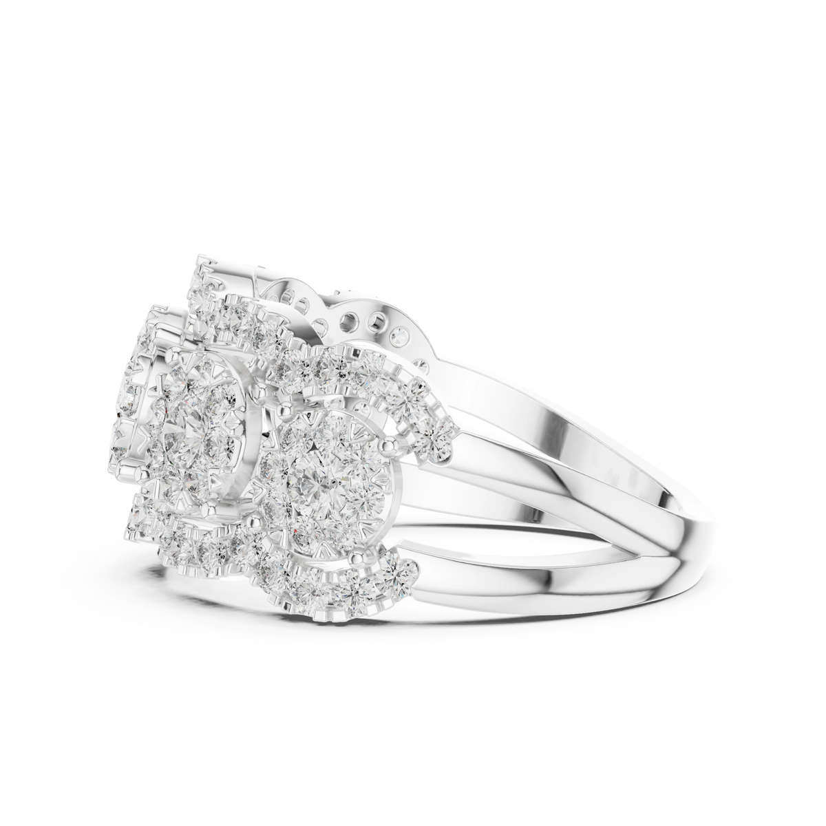 Five Cluster Halo Split Shank Moissanite Ring in white 925 sterling silver, view 3