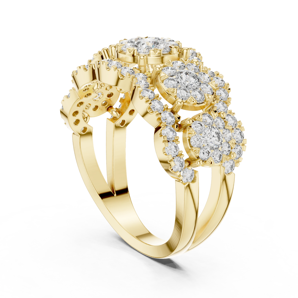 Five Cluster Halo Split Shank Moissanite Ring in yellow 925 sterling silver, view 1