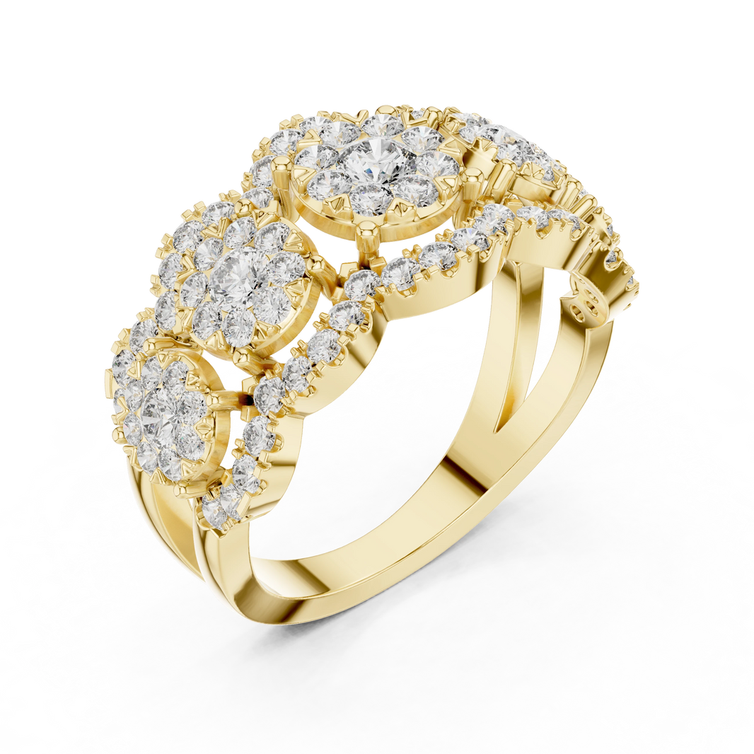 Five Cluster Halo Split Shank Moissanite Ring in yellow 925 sterling silver, view 2