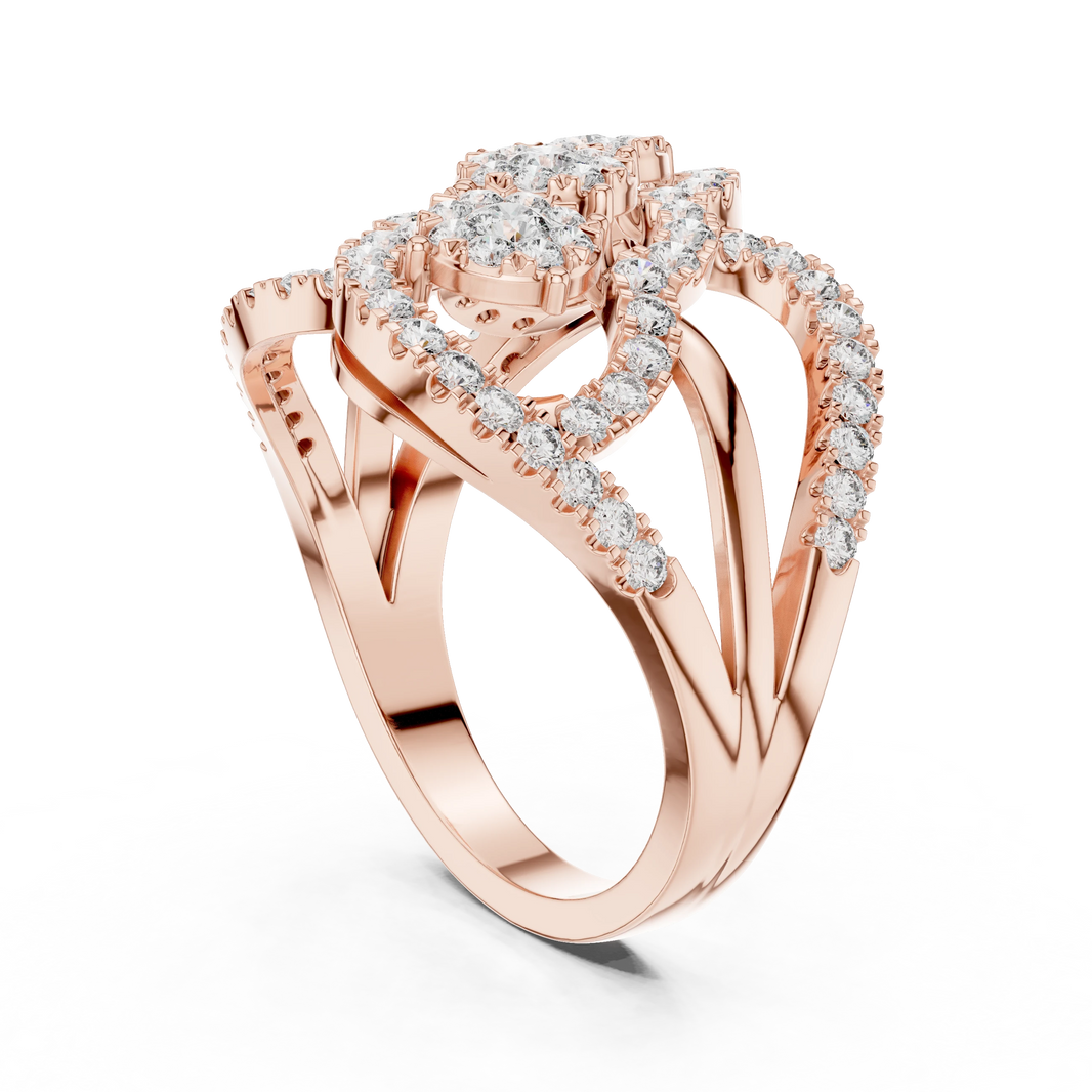 Diagonal Three Cluster Pavé Loop Cocktail Moissanite Ring in rose 925 sterling silver, view 1