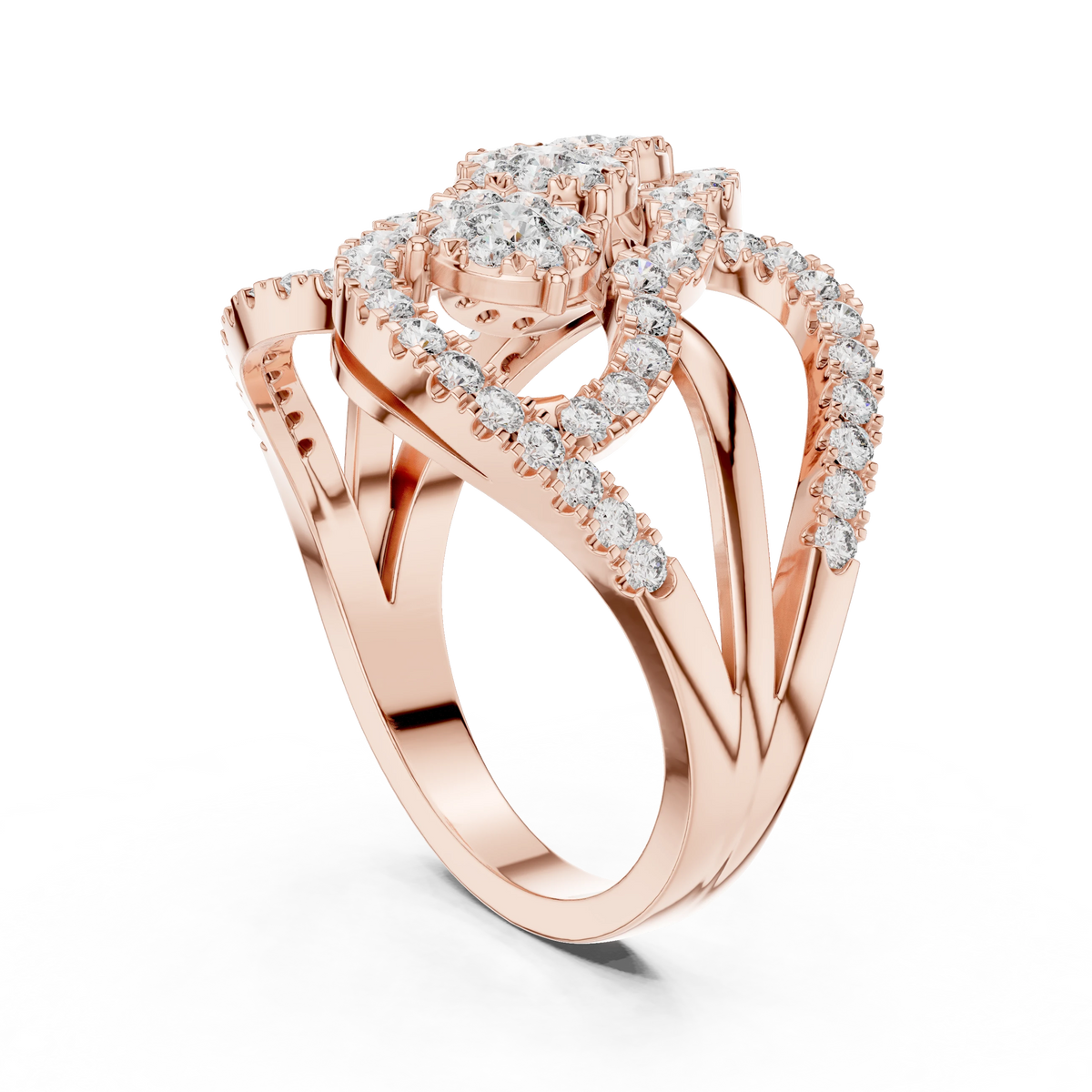 Diagonal Three Cluster Pavé Loop Cocktail Moissanite Ring in rose 925 sterling silver, view 1