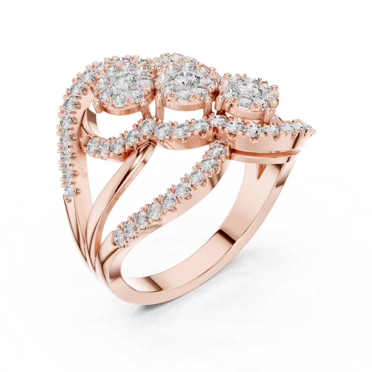 Diagonal Three Cluster Pavé Loop Cocktail Moissanite Ring in rose 925 sterling silver, view 2