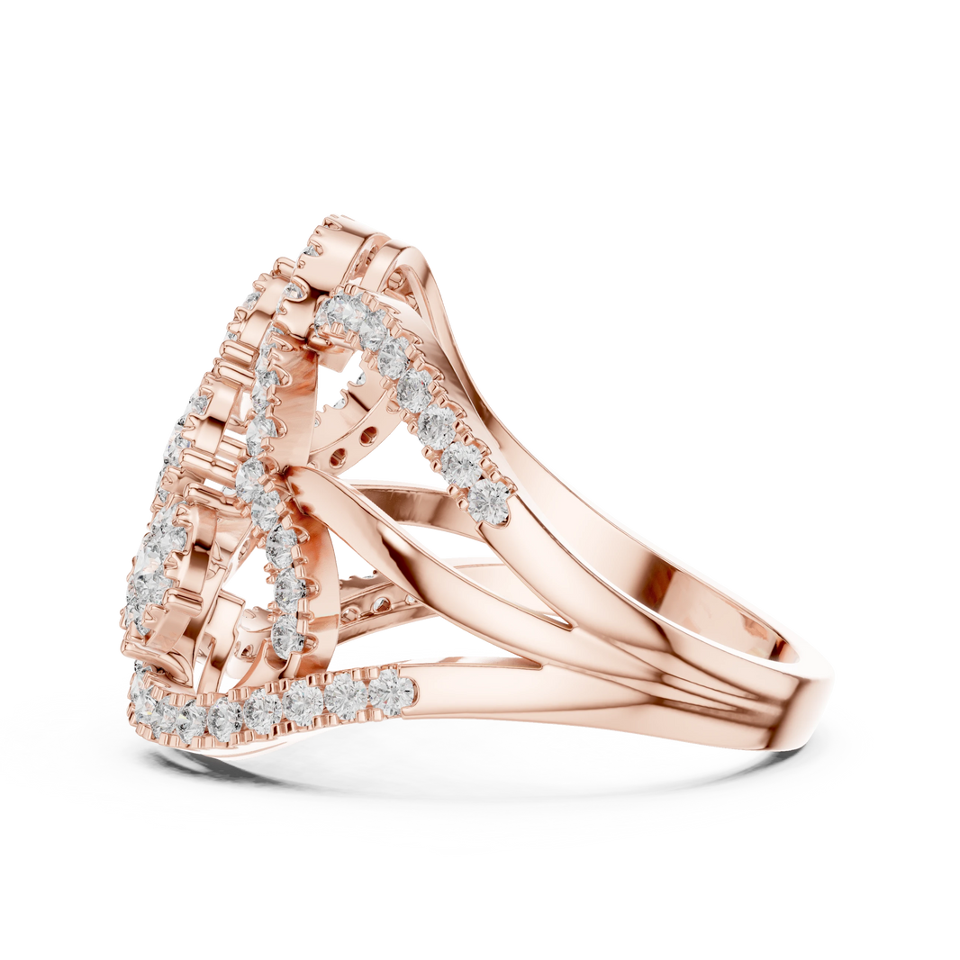Diagonal Three Cluster Pavé Loop Cocktail Moissanite Ring in rose 925 sterling silver, view 3