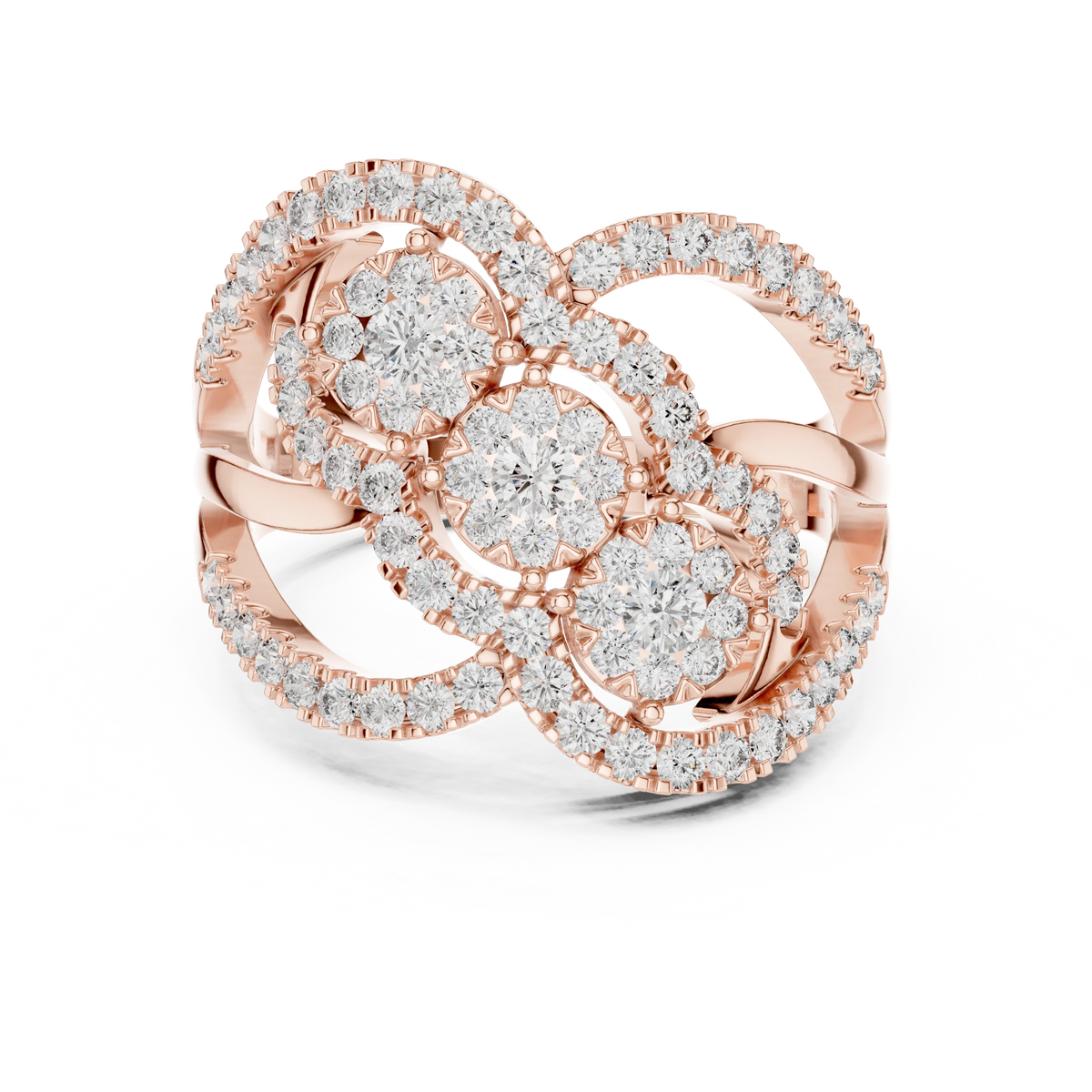Diagonal Three Cluster Pavé Loop Cocktail Moissanite Ring in rose 925 sterling silver, view 4