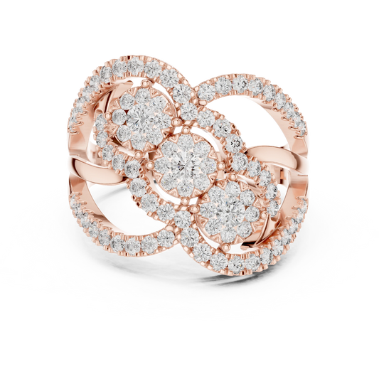 Diagonal Three Cluster Pavé Loop Cocktail Moissanite Ring in rose 925 sterling silver, view 4