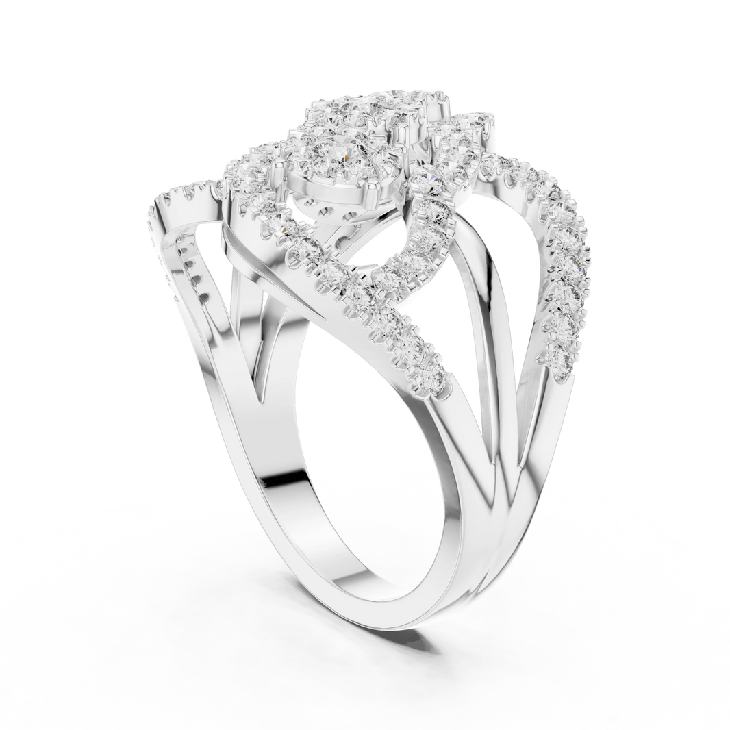 Diagonal Three Cluster Pavé Loop Cocktail Moissanite Ring in white 925 sterling silver, view 1