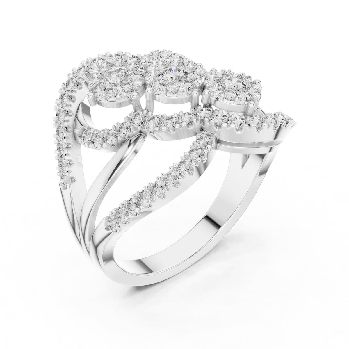 Diagonal Three Cluster Pavé Loop Cocktail Moissanite Ring in white 925 sterling silver, view 2