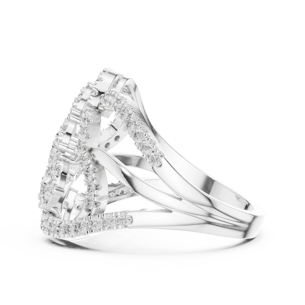 Diagonal Three Cluster Pavé Loop Cocktail Moissanite Ring in white 925 sterling silver, view 3