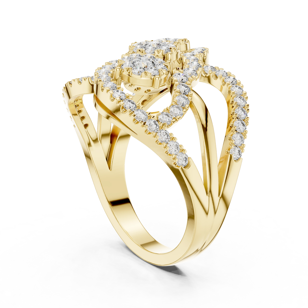 Diagonal Three Cluster Pavé Loop Cocktail Moissanite Ring in yellow 925 sterling silver, view 1