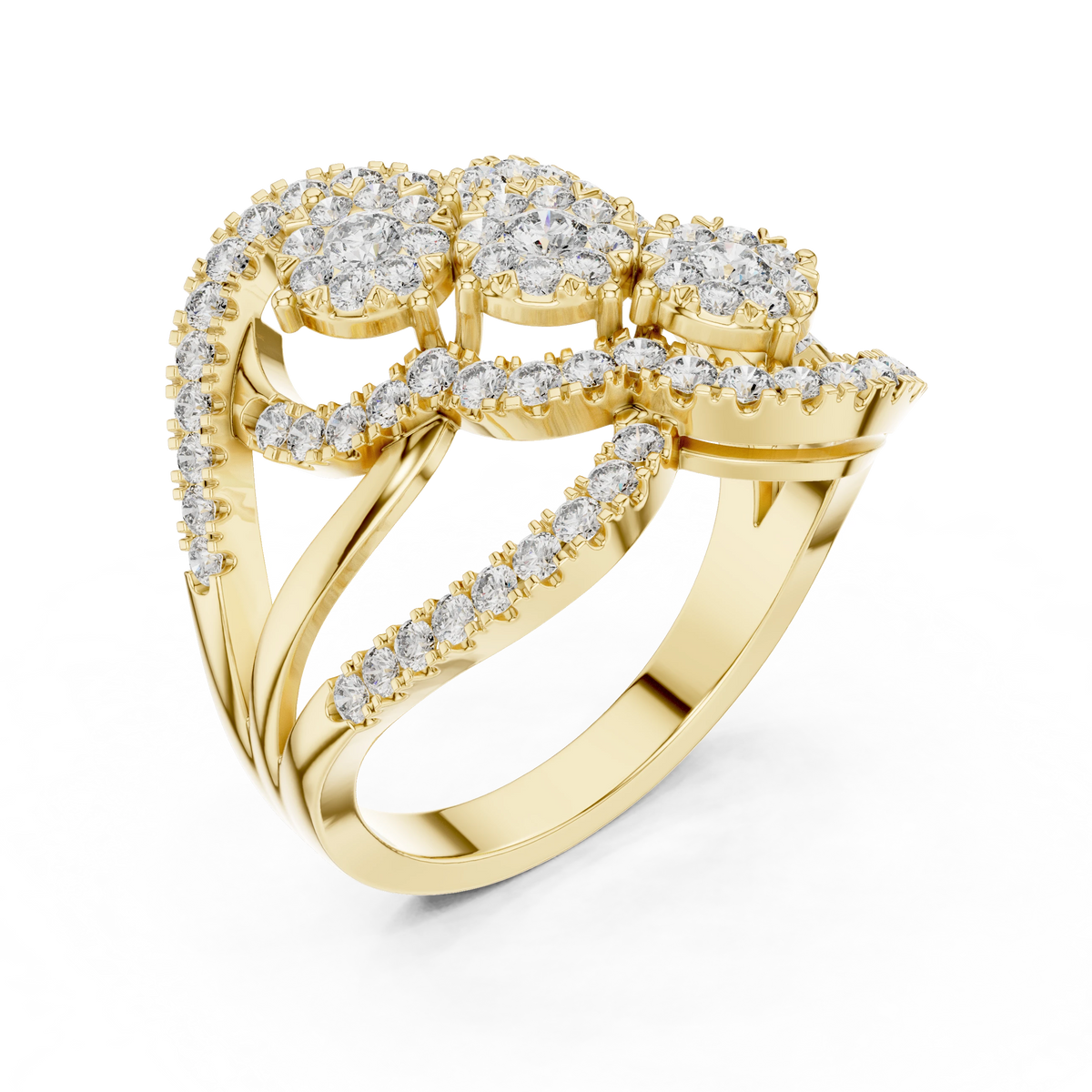 Diagonal Three Cluster Pavé Loop Cocktail Moissanite Ring in yellow 925 sterling silver, view 2