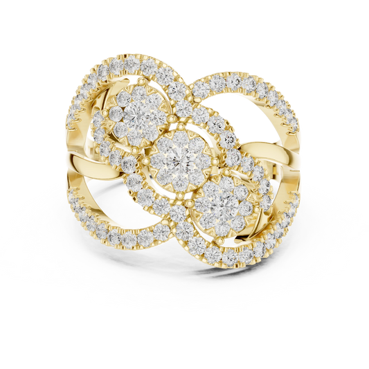 Diagonal Three Cluster Pavé Loop Cocktail Moissanite Ring in yellow 925 sterling silver, view 4