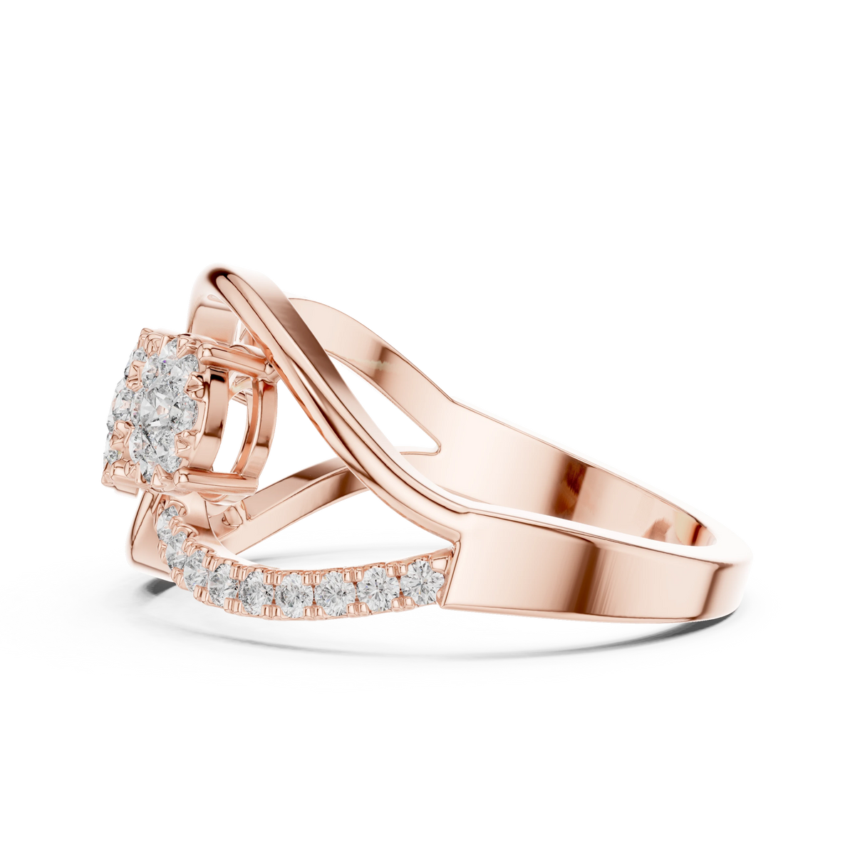 Three Cluster Infinity Loop Moissanite Ring in rose 925 sterling silver, view 3