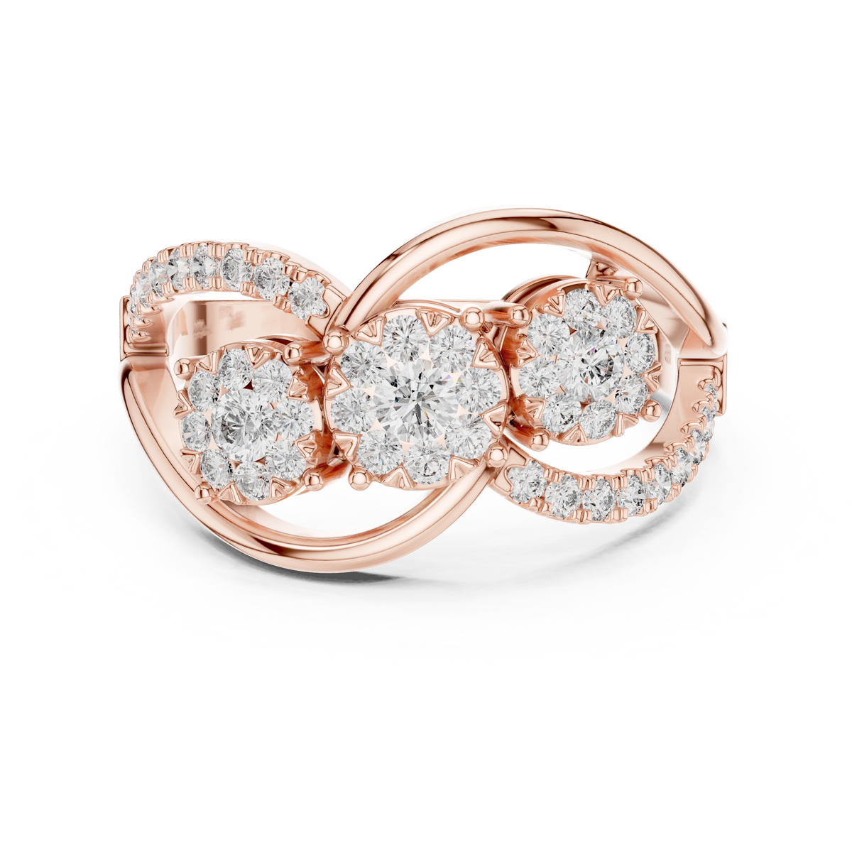 Three Cluster Infinity Loop Moissanite Ring in rose 925 sterling silver, view 4