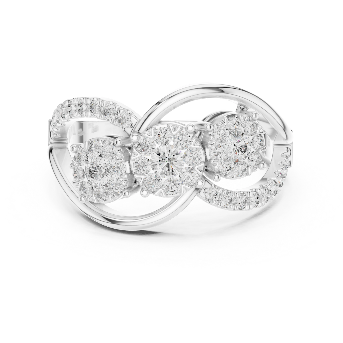 Three Cluster Infinity Loop Moissanite Ring in white 925 sterling silver, view 4