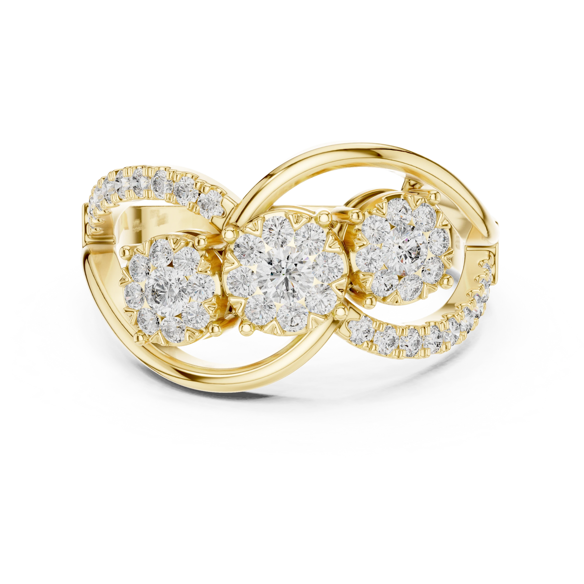 Three Cluster Infinity Loop Moissanite Ring in yellow 925 sterling silver, view 4