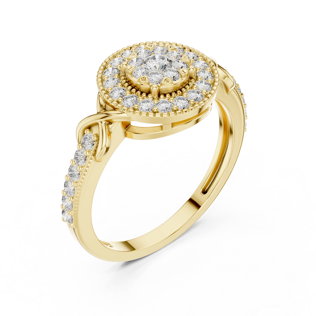 Vintage Milgrain Double Halo Cluster Moissanite Ring in yellow 925 sterling silver, view 2