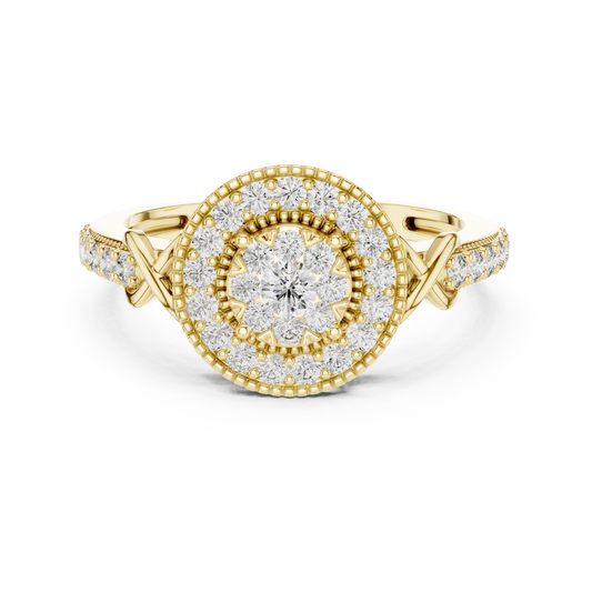 Vintage Milgrain Double Halo Cluster Moissanite Ring in yellow 925 sterling silver, view 4