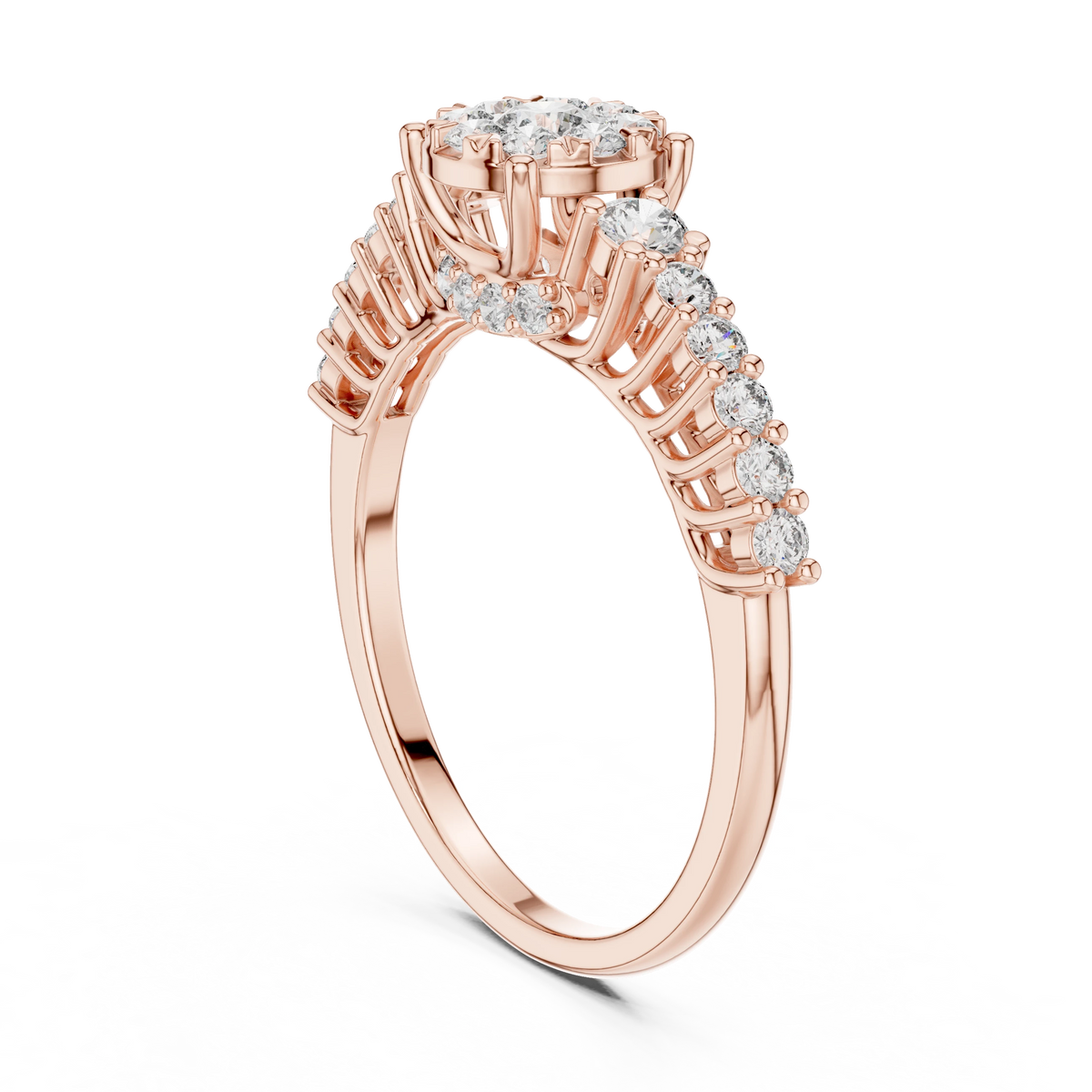 Cluster Halo Graduated Side Stone Moissanite Ring in rose 925 sterling silver, view 1