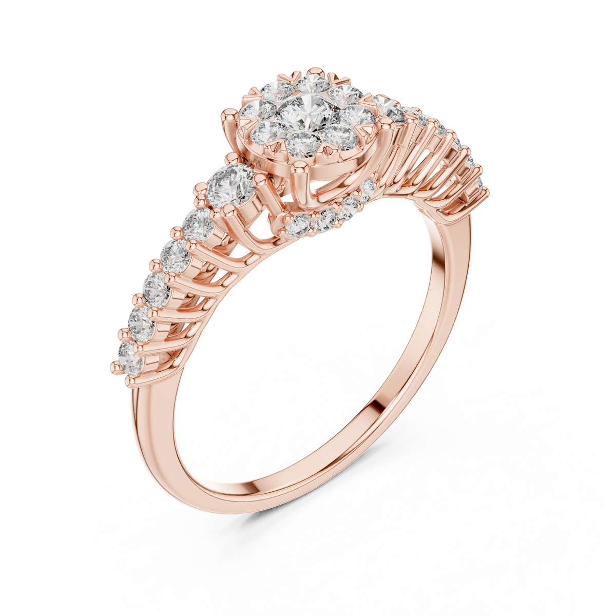 Cluster Halo Graduated Side Stone Moissanite Ring in rose 925 sterling silver, view 2