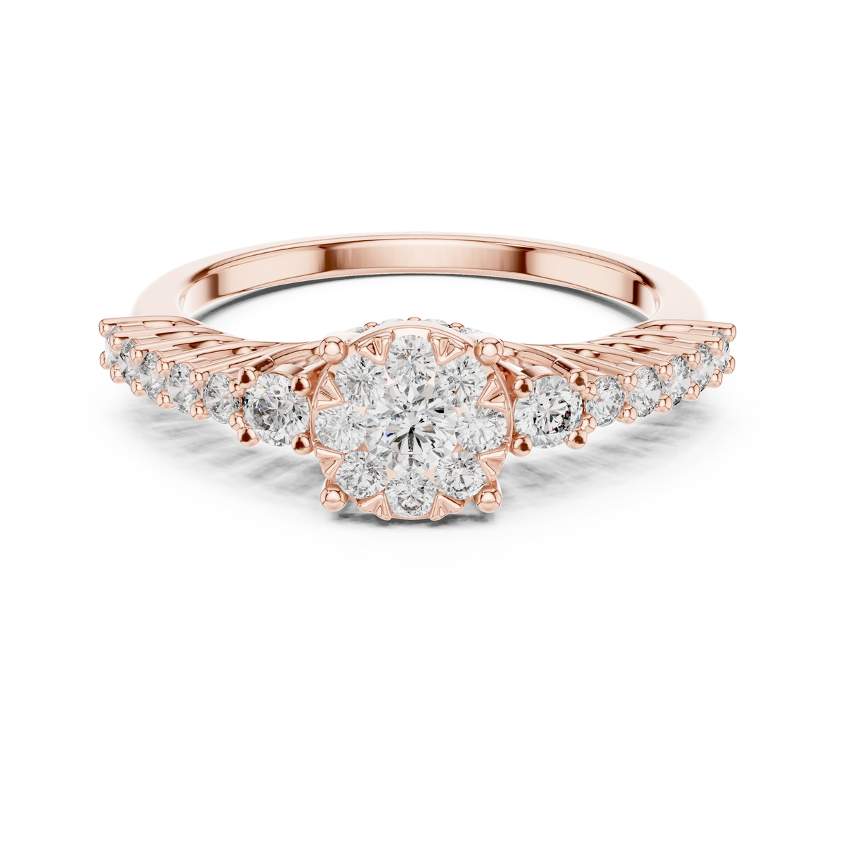 Cluster Halo Graduated Side Stone Moissanite Ring in rose 925 sterling silver, view 4