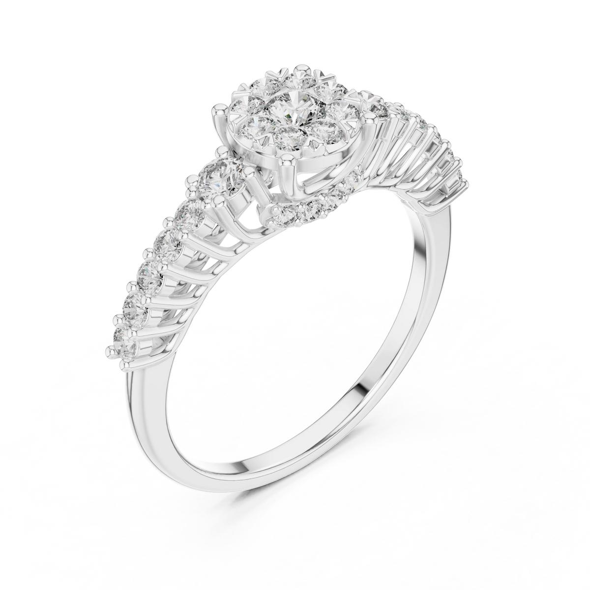 Cluster Halo Graduated Side Stone Moissanite Ring in white 925 sterling silver, view 2