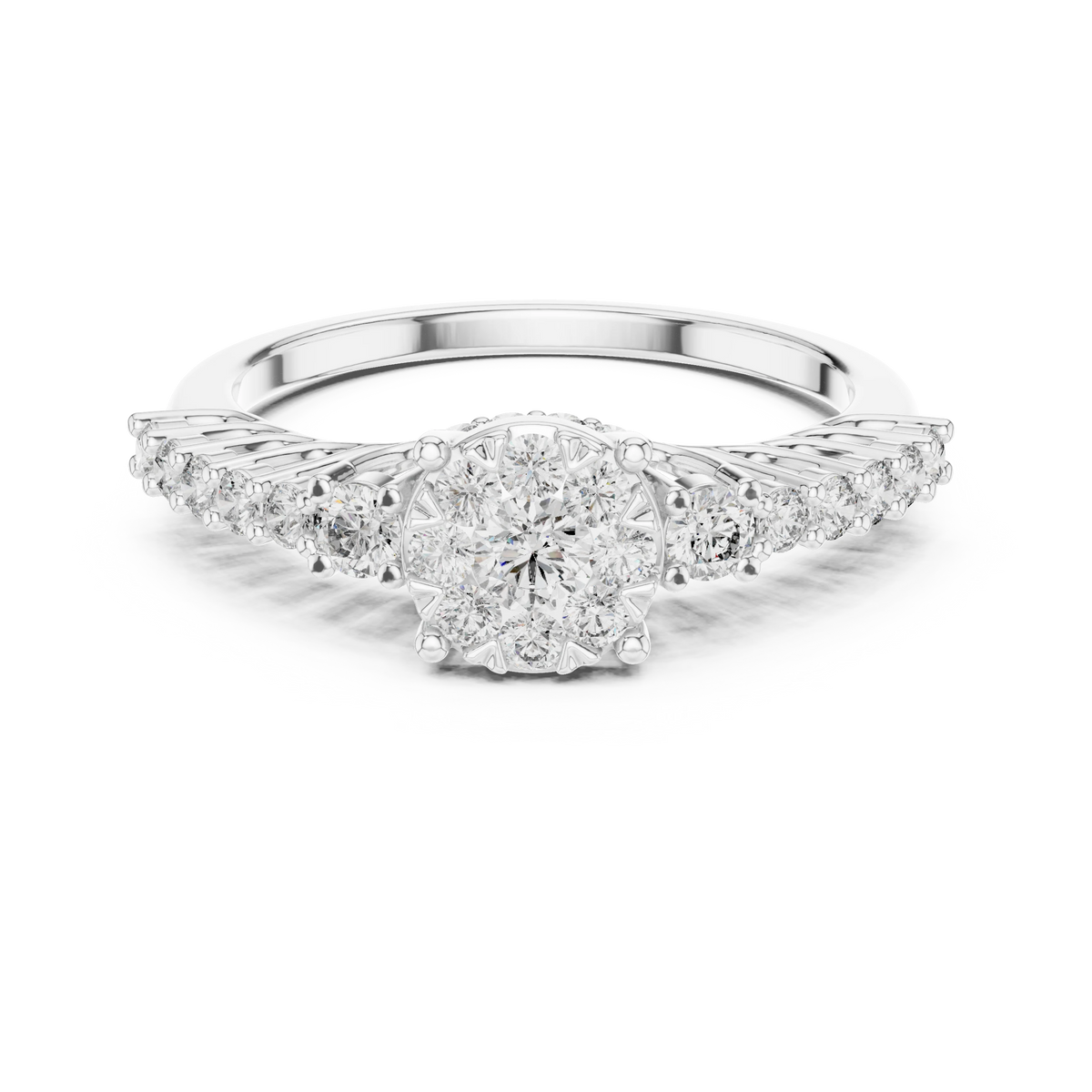 Cluster Halo Graduated Side Stone Moissanite Ring in white 925 sterling silver, view 4