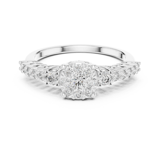 Cluster Halo Graduated Side Stone Moissanite Ring in white 925 sterling silver, view 4