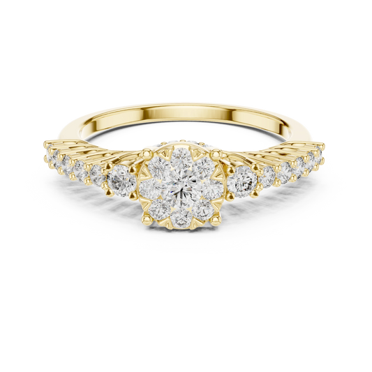 Cluster Halo Graduated Side Stone Moissanite Ring in yellow 925 sterling silver, view 4