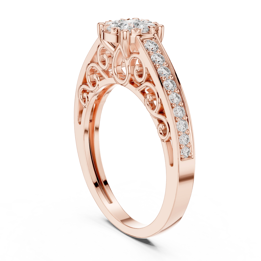 Vintage Filigree Cluster Channel Shoulder Moissanite Ring in rose 925 sterling silver, view 1