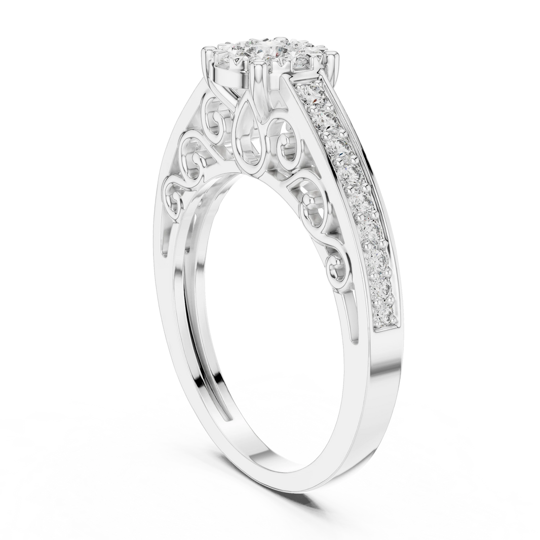 Vintage Filigree Cluster Channel Shoulder Moissanite Ring in white 925 sterling silver, view 1
