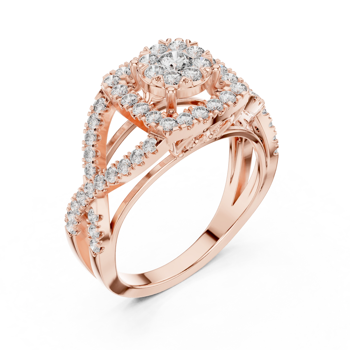 Cushion Double Halo Twist Scroll Gallery Moissanite Ring in rose 925 sterling silver, view 2