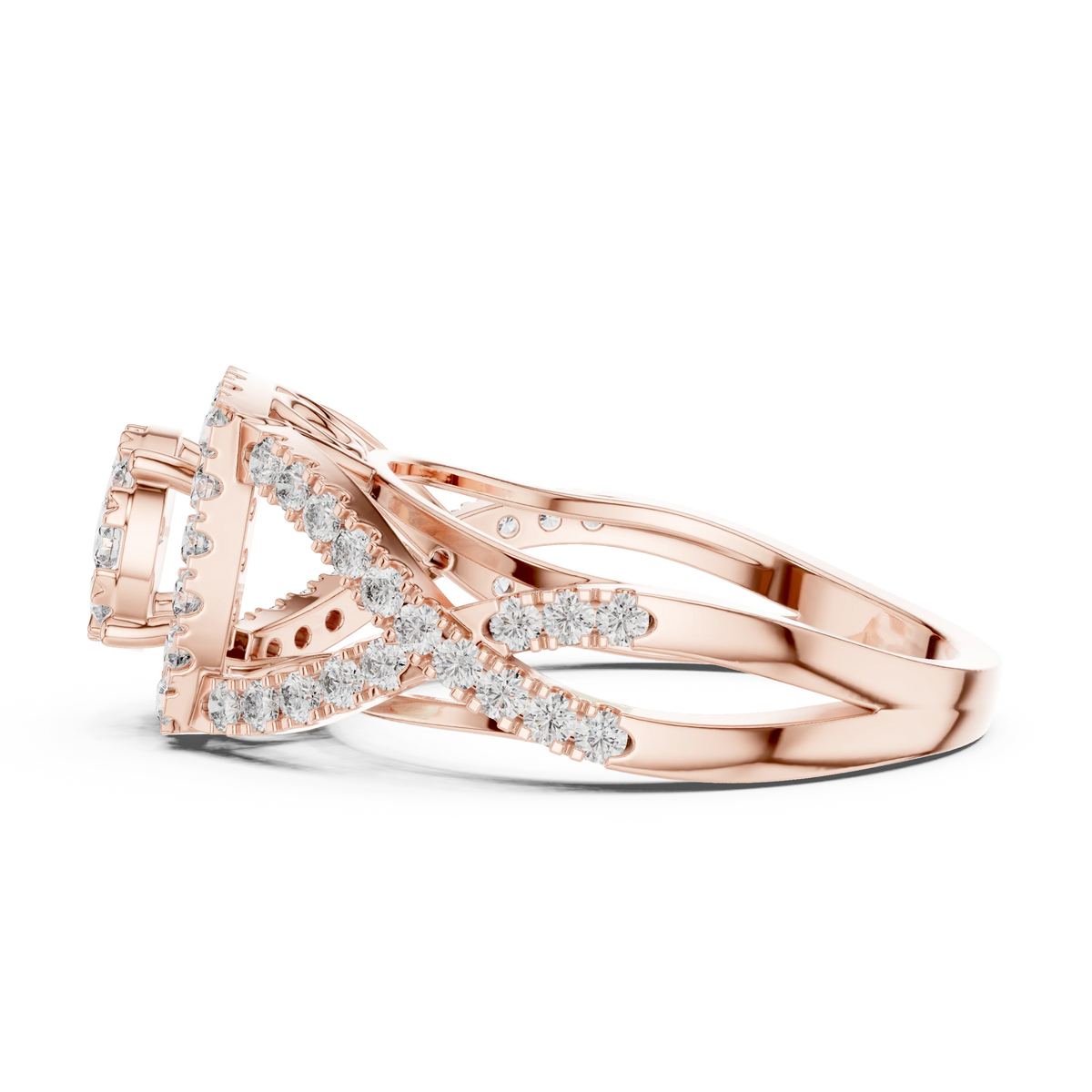 Cushion Double Halo Twist Scroll Gallery Moissanite Ring in rose 925 sterling silver, view 3