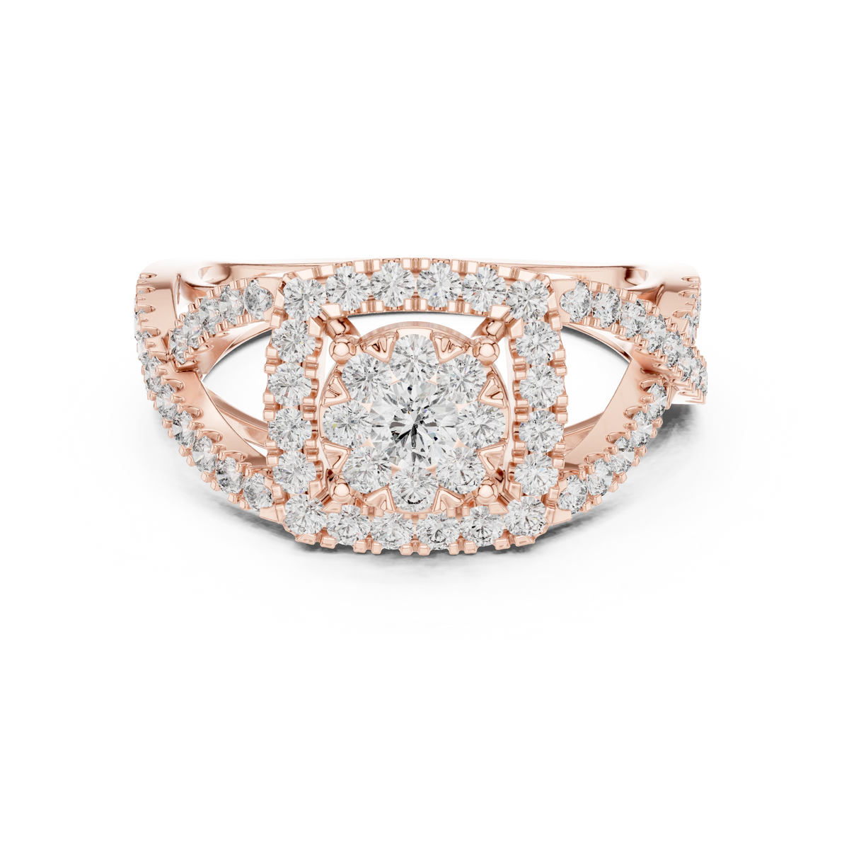 Cushion Double Halo Twist Scroll Gallery Moissanite Ring in rose 925 sterling silver, view 4