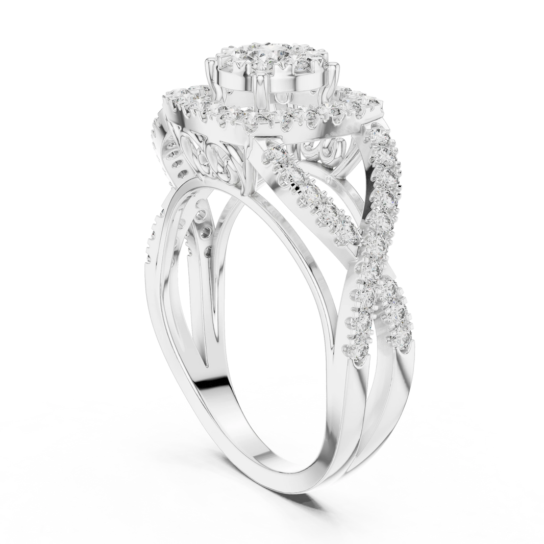 Cushion Double Halo Twist Scroll Gallery Moissanite Ring in white 925 sterling silver, view 1