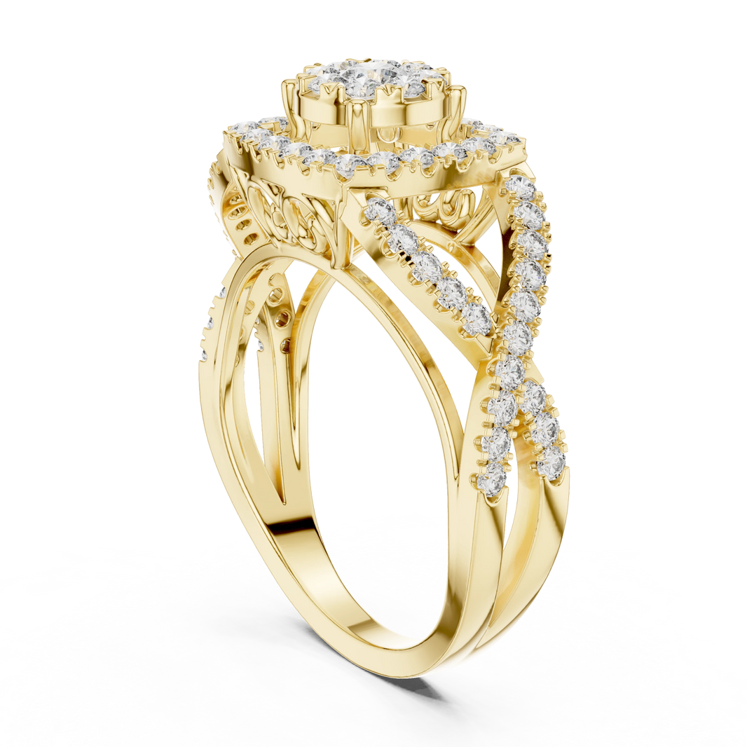 Cushion Double Halo Twist Scroll Gallery Moissanite Ring in yellow 925 sterling silver, view 1